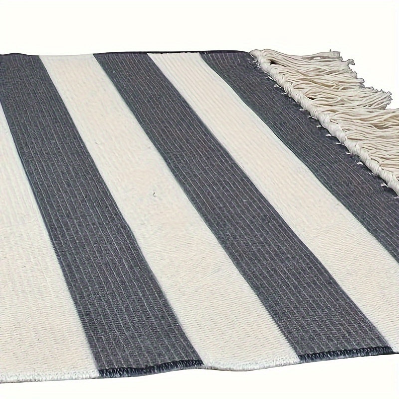 1pc Striped Woven Bath Rugs, Bath Mat Cotton Rug With Tassels, Black And White Striped Runner Rug, Cotton Runner Rug, Bathroom Accessories