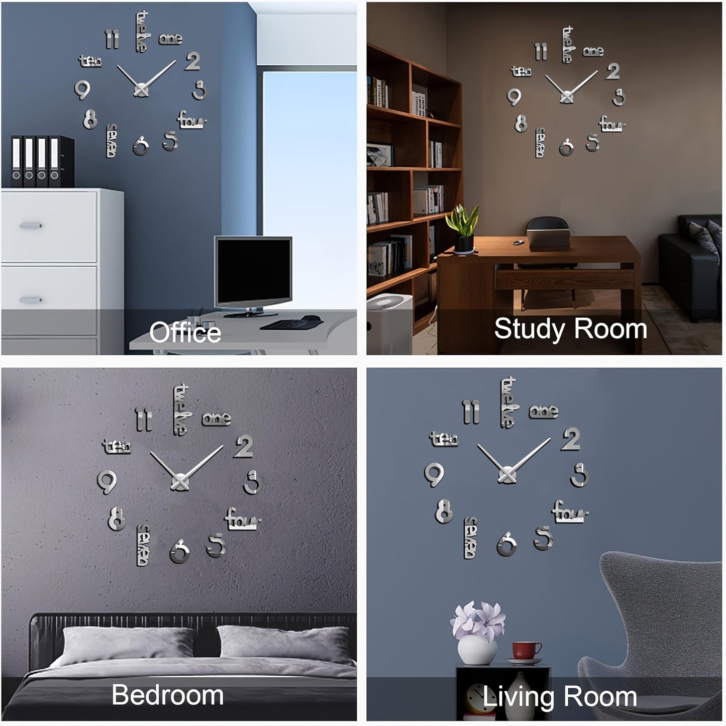 JUJUDA 3D Diy Frameless Large Wall Clocks For Living Room Decor Modern Extra Big Wall Clocks Stickers For Home Kitchen Bedroom Indoor Decorative Giant Silent Wall Clock Kit For House Office Decoration