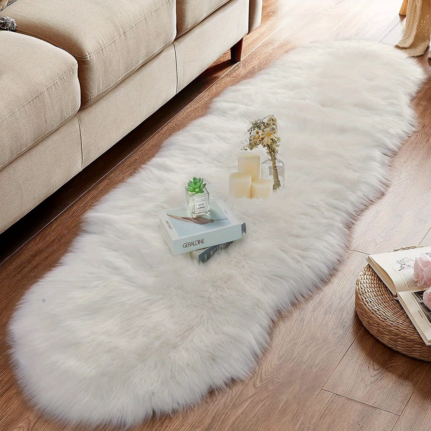 1pc Faux Fur Shag Area Rugs, Shaggy Area Rugs Ultra Soft Sheepskin Fur Rug, White Fuzzy Rug Machine Washable Shag Rug For Living Room Bedroom Bedside, Throw Rugs For Home Deocr, Room Decor